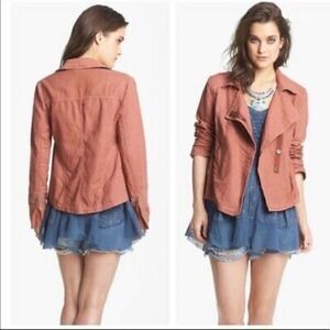 Free People Rosewood Washed Linen Moto Military Jacket in Dusty Pink XS
